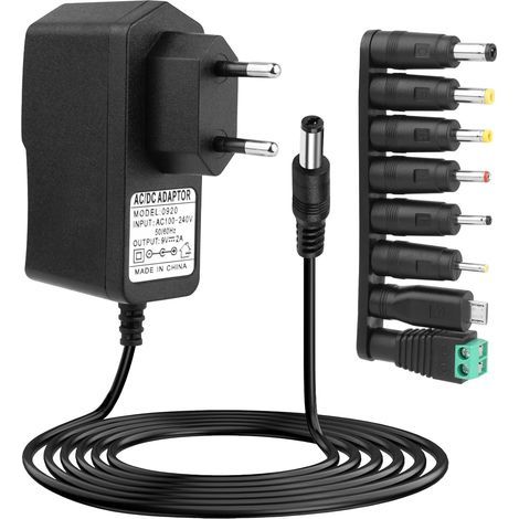 9V 2A AC/DC-Netzteil (5,5 x 2,1 mm) mit 8 Steckern, Mehrfachsteckdosen-Ladegerät, 9V 500–2000mA, Universal-DC-Stecker, kompatibel mit Arduino UNO, Mega Elliptical Machine, LED-Router und CCTV-Anlagen (1/5)
