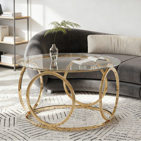 Mesa de centro redonda de 80x80x45 cm en cristal templado y metal cromado dorado, estructura estable, salón u oficina (1/5)