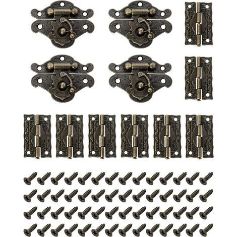 Lot de 4 Verrous vintage antique, fermoir boite verrou décoratifs antiques avec 8 charnières et 56 vis pour décoratifs cabinet armoire Boîte (1/4)