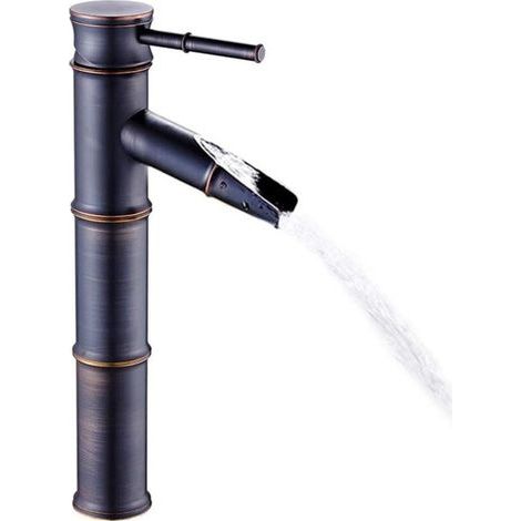 Antike Bronze-Wasserfallarmatur mit Bambus-Design – Neue moderne Gewerbearmatur aus schwarzem Edelstahl mit 3 Anschlüssen für Waschtische, ohne Pop-up-Ablauf, Schwarz (1/5)