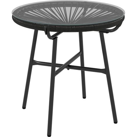 Table basse ronde de jardin en résine aspect rotin métal et plateau verre trempé Ø 50 x 50 cm noir idéal pour aménager votre terrasse, balcon ou jardin, alliant confort et durabilité pour vos momen...