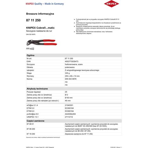 KNIPEX 87 11 250 Cobra®...matic Pinza regolabile per tubi e dadi Rivestita in plastica antiscivolo bonderizzata grigia 250 mm