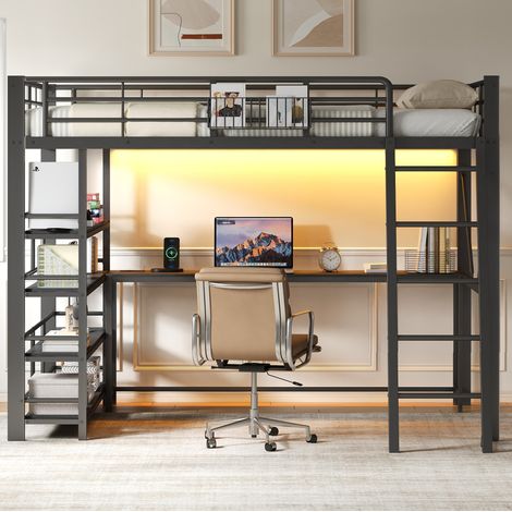 Letto a castello 140x200 cm in metallo, con scrivania, vano portaoggetti, LED, porte USB e Type-C, nero (1/4)