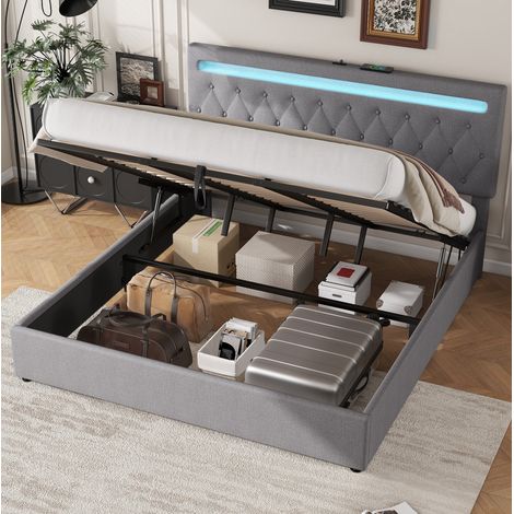 Polsterbett mit Stauraum 180x200 USB Leinen Grau OKMYHOME (1/5)