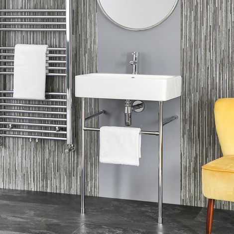 Hudson Reed – Lavabo sur colonne 60cm x 42cm – Céramique blanche émaillée – Pieds chromés – Pré-percé pour mitigeur monotrou – Avec trop-plein