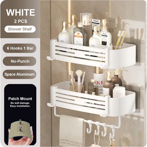 (blanc-S-2) Étagère murale rectangulaire pour salle de bain, porte-serviettes, porte-shampoing mural, sans perçage (1/5)
