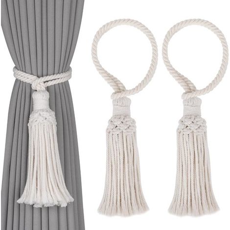Pompons en corde de coton bohème pour rideaux, embrasses tissées à la main, rubans décoratifs pour voilages, lot de 2 - 40 cm de long (1/2)