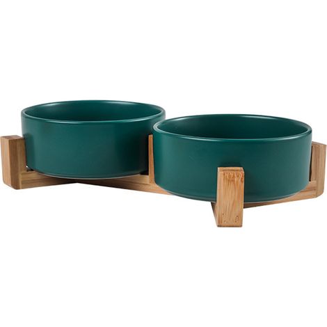 2 gamelles céramique, support bois antidérapant, hauteur ergonomique pour chat et chien, hygiénique et facile à nettoyer (1/5)
