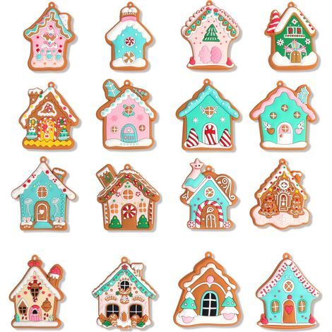 Set di 16 decorazioni natalizie a forma di casetta di pan di zenzero, ideali per decorare l'albero di Natale. (1/5)