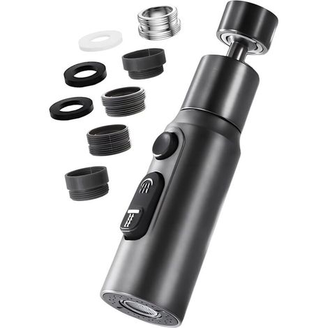 Aérateur de robinet pivotant 360° avec 3 modes, mousseur économie d'eau. Adaptateur pour robinet salle de bain/lavabo, noir. (1/4)