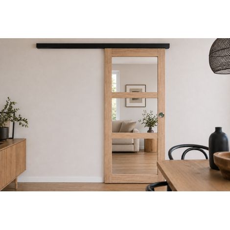 Puerta corredera de madera Frake con cristal transparente H204 x L83 cm, riel banda negra, conchas de GD MENUISERIES (1/5)