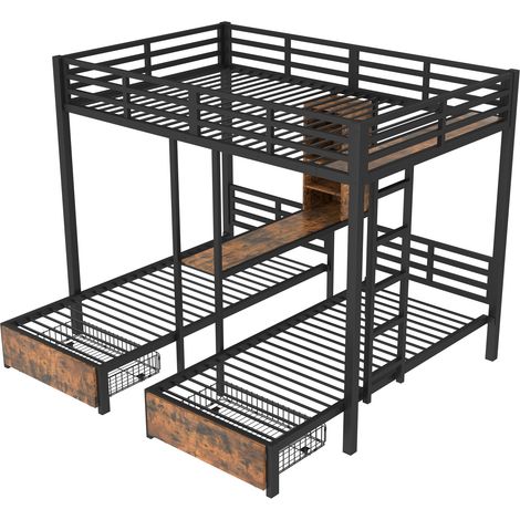Litera triple 140 x 200 cm + 90 x 200 cm de metal y MDF negro HOMVRA (1/5)
