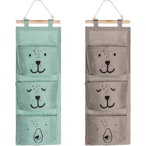 Sac de rangement mural en 2 pièces avec 3 poches, panier/sac en lin, rangement étanche pour lunettes, télécommande et bijoux. (1/5)
