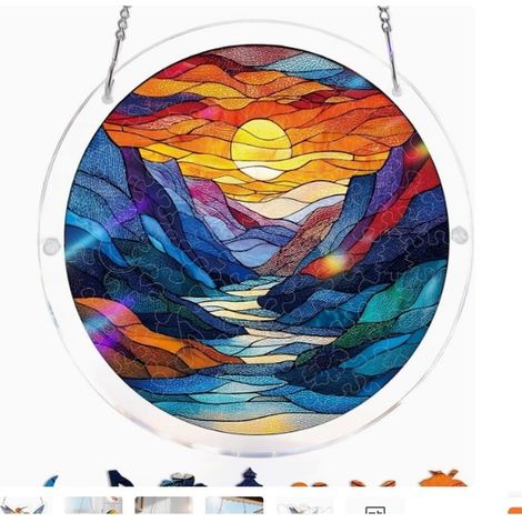 Nouveaux attrape-soleil printaniers en verre, puzzle d'oiseaux colorés pour fenêtre - Montagne et Lune - 25 x 25 cm