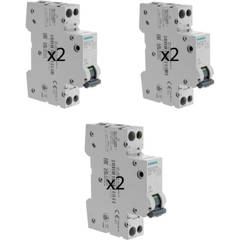 SIEMENS Lot de 6 disjoncteurs modulaires Ph+N – 2×10A, 2×16A, 2×20A – Courbe C – 4,5 kA
