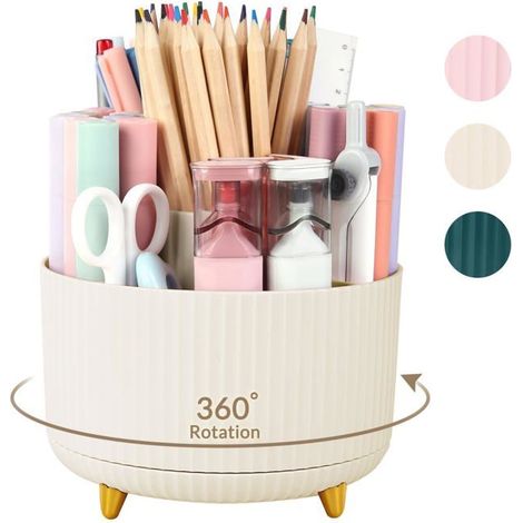 BelleRise - Pot à crayons de bureau en plastique rotatif à 360° avec 5 compartiments – Organisateur multifonction pour fournitures d'art (1/5)