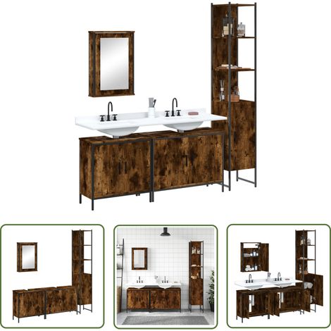 The Living Store 4-tlg. Badmöbel-Set Räuchereiche Holzwerkstoff - Badmöbel-Set - Badezimmermöbel - Holzwerkstoff - Rauchfarbe - Spiegelschrank (1/5)