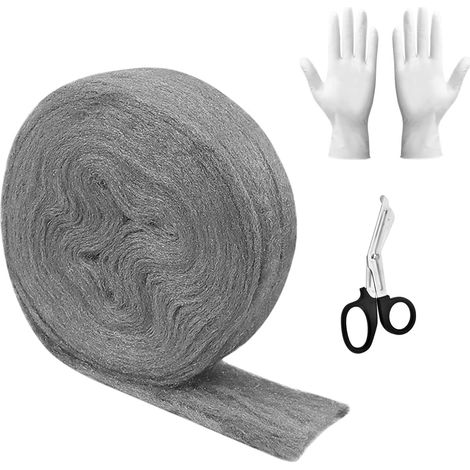 Laine d'Acier 0000, 20m Paille de Fer avec Gants et Ciseaux, Anti Rongeur Laine d'Acier pour Nettoyage et Polissage, Remplissage de Trous et de Fissures (1/5)