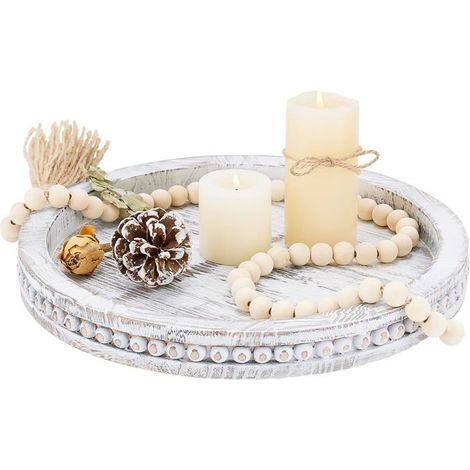BelleRise - Plateau décoratif en bois,plateau de table basse avec perles de bois,plateau de service rustique pour décoration intérieure (1/5)