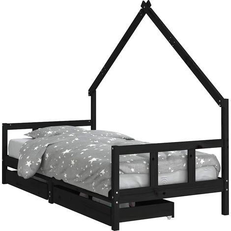 Lit simple Cadre de lit enfant avec tiroirs noir 90x200 cm bois pin massif