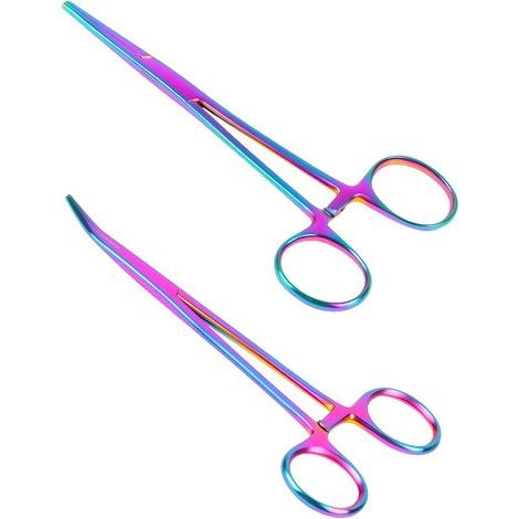 2pcs Pince à Clamper, Pinces de Pêche, Droites et Courbées, Outil de Décrochage, Pince de Verrouillage en Acier Inoxydable pour Toilettage d'Animaux, Pêche, Bricolage (Coloré, 14 cm) (1/4)