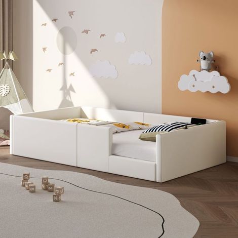 Lit une personne 90x200 - Design plateforme rembourré - Barrière rembourrée - Station charge 3 USB/Type-C - Blanc (1/5)