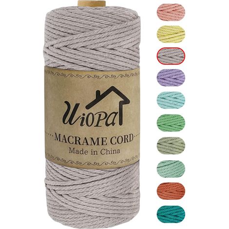 Corde Macramé 3mm x 100m, Fil Macramé Coton Ficelle Macrame Corde Cordelette, Cordon Coton pour Suspension Murale de Bricolage, Tapisserie de Plante, Decoration Boheme Chic (Gris Chanvre) (1/5)