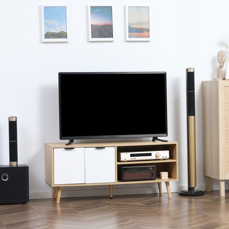 Meuble TV pour télévision jusqu'à 46 pouces design scandinave 2 portes 2 niches avec passe-câbles 110 x 39 x 48.8 cm