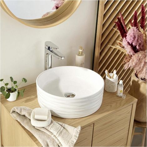 Lavabo sobre encimera redondo SERENA de cerámica estructurada blanca de 36 cm (1/3)