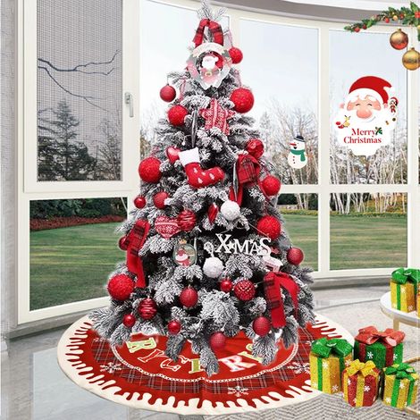 Tapis de sapin de Noël Joyeux Noël, motif flocons de neige rouges, en jute, pour Noël (1/5)