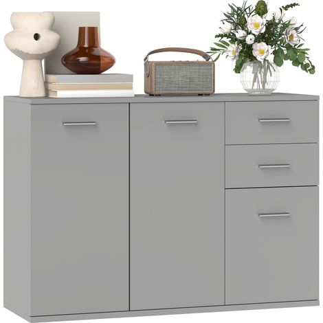 Credenza Moderna con 3 Armadietti e 2 Cassetti, in Legno, 106x35x76 cm, Grigio Chiaro