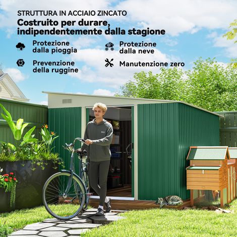 Abri jardin métal rangement extérieur – Double porte coulissante, 2 aérations – 3,44 x 2,80 m – Vert