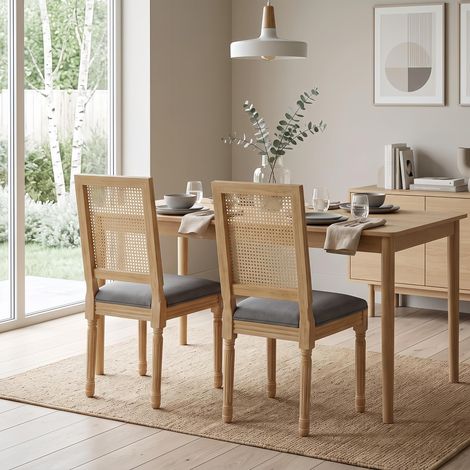 Lot de 2 Chaises Bois - Dossier Rotin Assise Lin Cadre Bois Vieilli - Style Campagne Chic, Gris (1/5)
