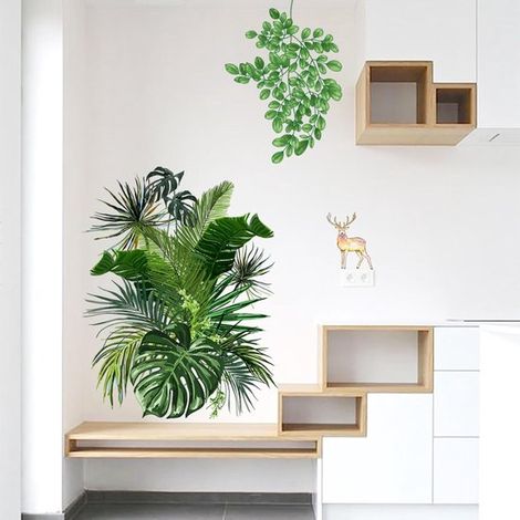 Sticker mural avec des feuilles vertes tropicales et un cerf doré, décoration murale autocollante, pour la décoration de la chambre ou de la salle de bain. (1/5)