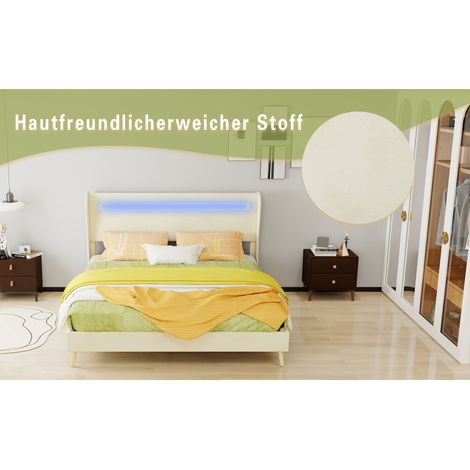 Lit rembourré beige 160 x 200 cm avec tête de lit LED et cadre bas sans rangement pour chambre et suite parentale (1/5)
