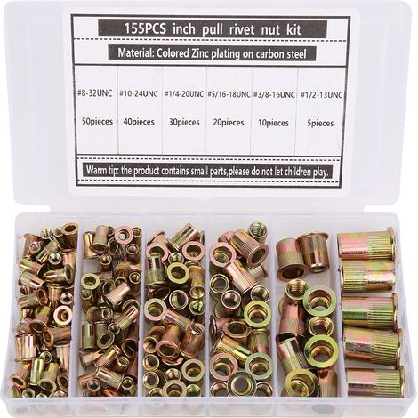 Boîte de 155 inserts écrous rivetés en acier carbone zingué couleur, anti-rouille, écrous à sertir filetés, visserie pour fixation étanche. (1/5)