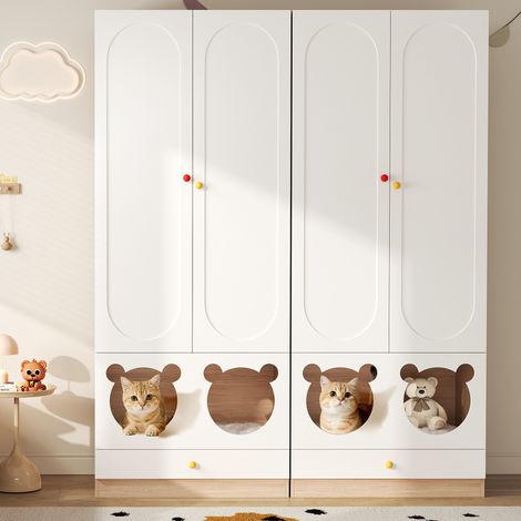 Lot de 2 armoires enfant 80x50x200 cm avec tringle et espace pour chat, naturel et blanc (1/5)