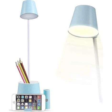 Lampe de bureau LED avec veilleuse, lampe de chevet rechargeable USB, lampe de lecture pour enfant, lampe de bureau à intensité variable pour étudier, porte-stylo et porte-téléphone, 2 couleurs. (1/5)