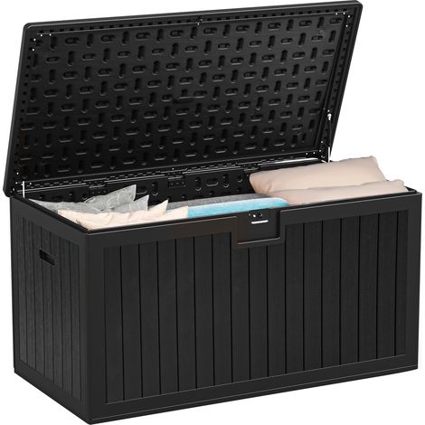 Boîte de rangement de jardin d'extérieur en résine imperméable avec couvercle verrouillable, banc de rangement toutes saisons pour meubles de terrasse, coussins, outils de piscine (1/5)
