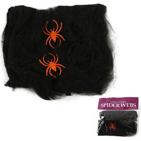 Décoration en toile d'araignée d'Halloween - ANNEFLY 100g Toile d'araignée extensible -10 araignées en plastique-Noir (1/3)