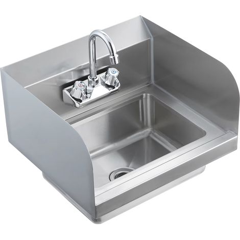 Lavamanos comercial con grifo y rociadores laterales, de acero inoxidable para montaje en pared, ideal para baño.