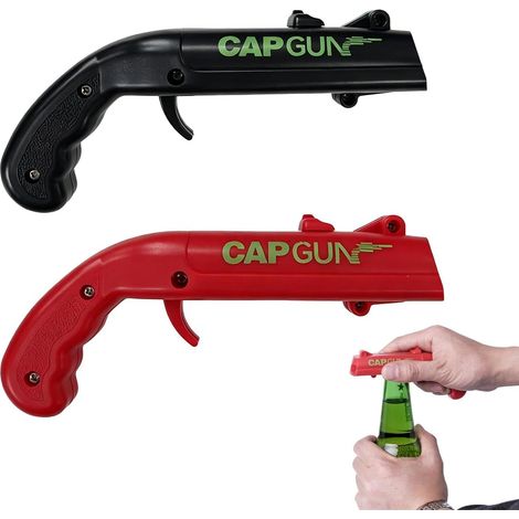 Set di 2 apribottiglie a pistola con espulsione del tappo, portata circa 3-5 m, in ABS antiruggine e parti metalliche, rosso e nero, accessorio da bar e idea regalo per uomo (1/5)