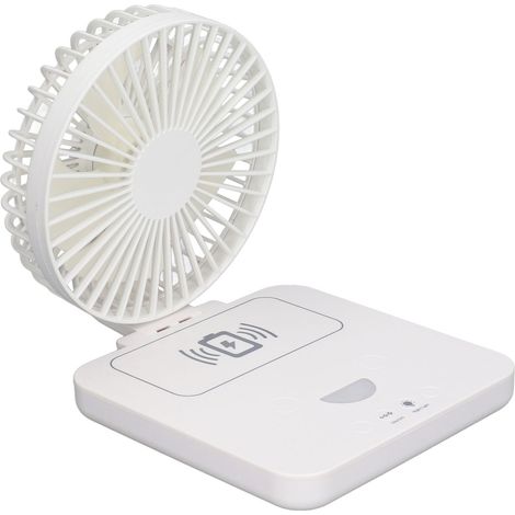 Ventilateur de bureau avec chargeur de téléphone sans fil, rechargeable par USB, pliable et portable, avec veilleuse intégrée. (1/5)