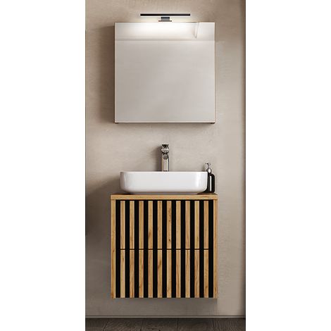 Badmöbel Set LUCCA-107 Eiche Nb. mit Lamellenfronten, LED Spiegelschrank und Aufsatzwaschbecken, B/H/T: ca. 61/200/45,5 cm (1/5)