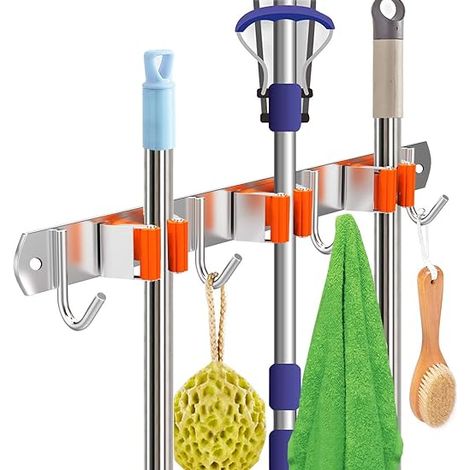 Support Mural en Acier Inoxydable pour Balais, Fixation Murale avec 3 Porte-Balais et 4 Crochets, Idéal Cuisine, Garage, Jardin, Buanderie, Couleur Orange (1/5)