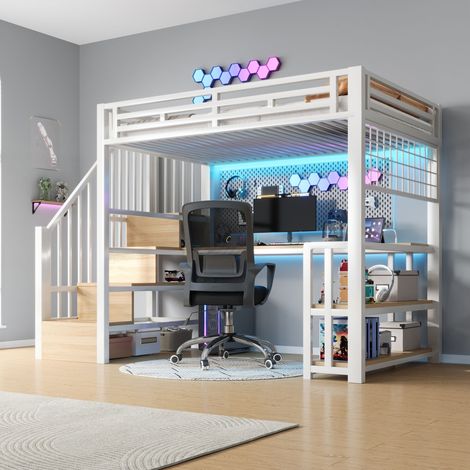 Lit superposé 90x200 cm, cadre en métal, étagère de rangement, grille suspendue, bande LED, bureau intégré, escalier avec tiroirs, 2 ports USB et 1 prise Type-C, sans matelas, blanc (1/5)