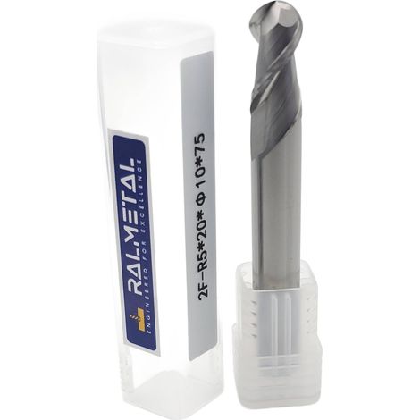Fresa esférica para aluminio, VHM, Fi10, R5 x 20 x 75 mm, 45 HRC (1/3)