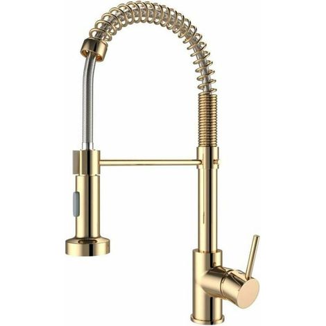 Kitchen Tap Kitchen Sink Mixer tap with Solid Brass Commercial Single Handle Single Hole Pull Down Sprayer Swivel Sprayer Mixer Tap Cold ,gold (1/4)