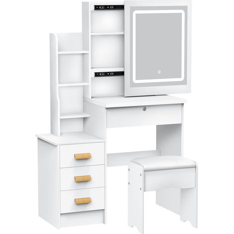 FIANAO – Schminktisch mit verschiebbarem beleuchtetem Spiegel – Schubladen & Regale, versteckter Stauraum, Schloss mit Holzgriff, Weiß – Maße: 80 × 37 × 132 cm