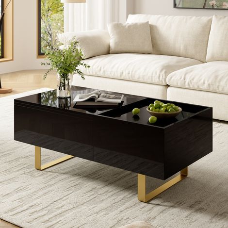 Table basse relevable avec rangement, MDF brillant, noire HAVRYA (1/5)
